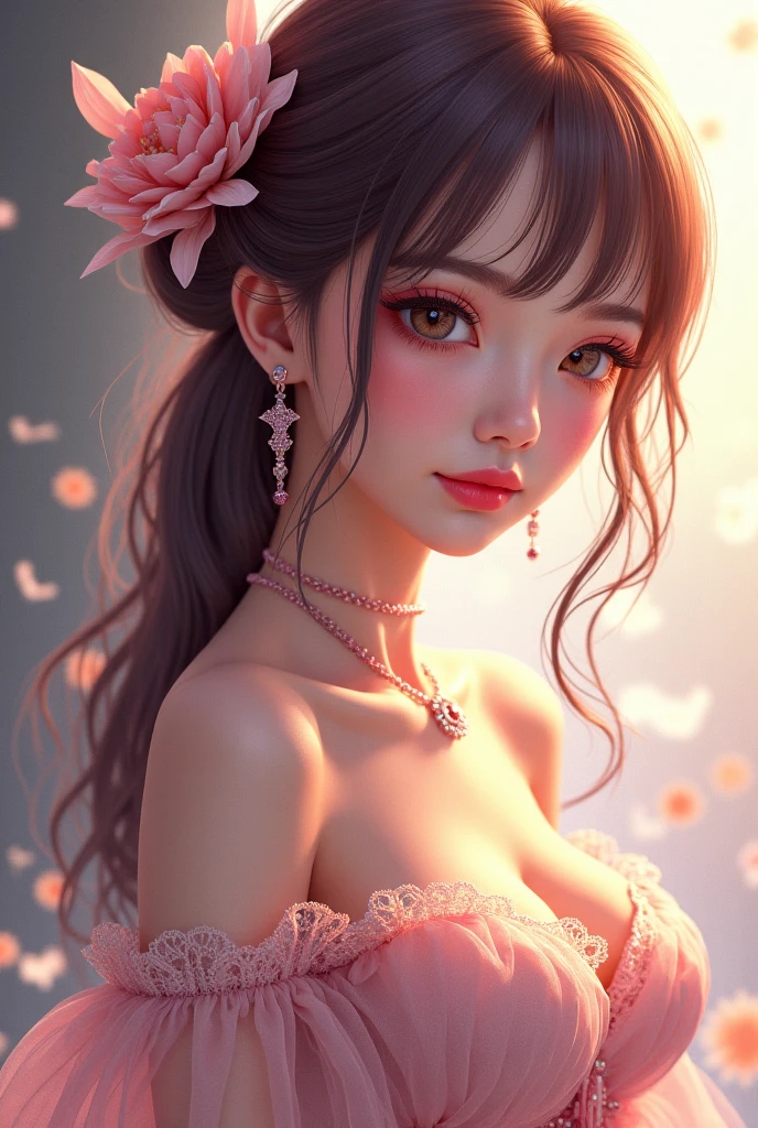 best qualtiy,tmasterpiece,hight resolution,1girll,dingdall effect,realisticlying,edge lit,two tone lighting,(highdetailskin:1.2),8K UHD,pure,Dolce,flowers background,Colorful background,Based on physical rendering,Perfect Light and Shadow,extreme hight detail,Pink tones,eye reflections,Raised sexy,perfect bodies,Superb Beauty,largeeyes,long eyelasher,Delicate eyes,big shiny eyes,Small pupil reflex,Shoulder and neck details,The texture of the pupil is delicate,Perfect eyes,black pupils,best qualtiy,tmasterpiece,16 K,a picture,head portrait,Bigchest,long-sleeve,Take care of your chest,Large breasts,Delicate avatars