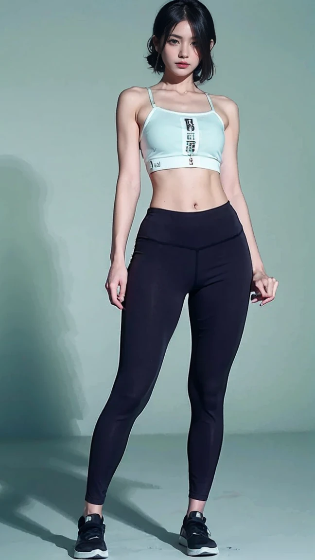masterpiece, best quality, 4K, ultra-detailed, photorealistic, (1 girl), (A fascinating eye for perfect detail:1.2), smirk, (short light blue hair), (bare shoulder black t-shirt), (t-shirt with a single light blue neon line on the sleeve and the Nike logo printed on it), (black distressed pants), ((leggings pants with a light blue neon line on the side)), ((red Nike Air Jordan sneakers)), (lift her shirt up a little), (sitting on the chair), (front view), (full body), fantasy background, movie light