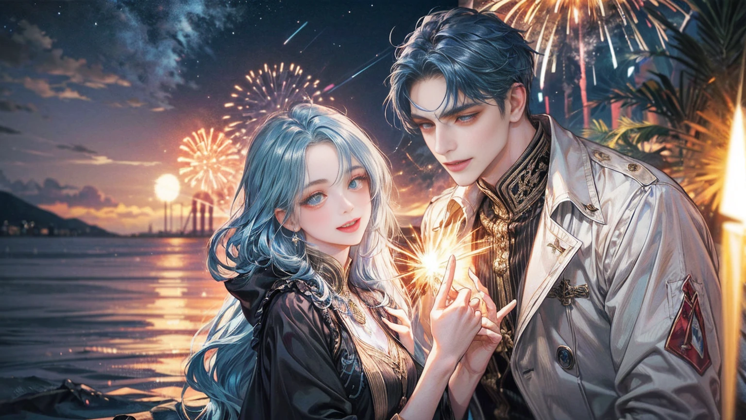 (masterpiece), (5K), (best quality), 2d Couple, ((a young gray hair couple)), ((a gray hair woman ,  sharp eyes, slit_ pupils, pale eyes, small boobs, red dress)), brown eyes, ultra well detailed eyes, ((a gray hair guy, white royal clothes)), holding fireworks