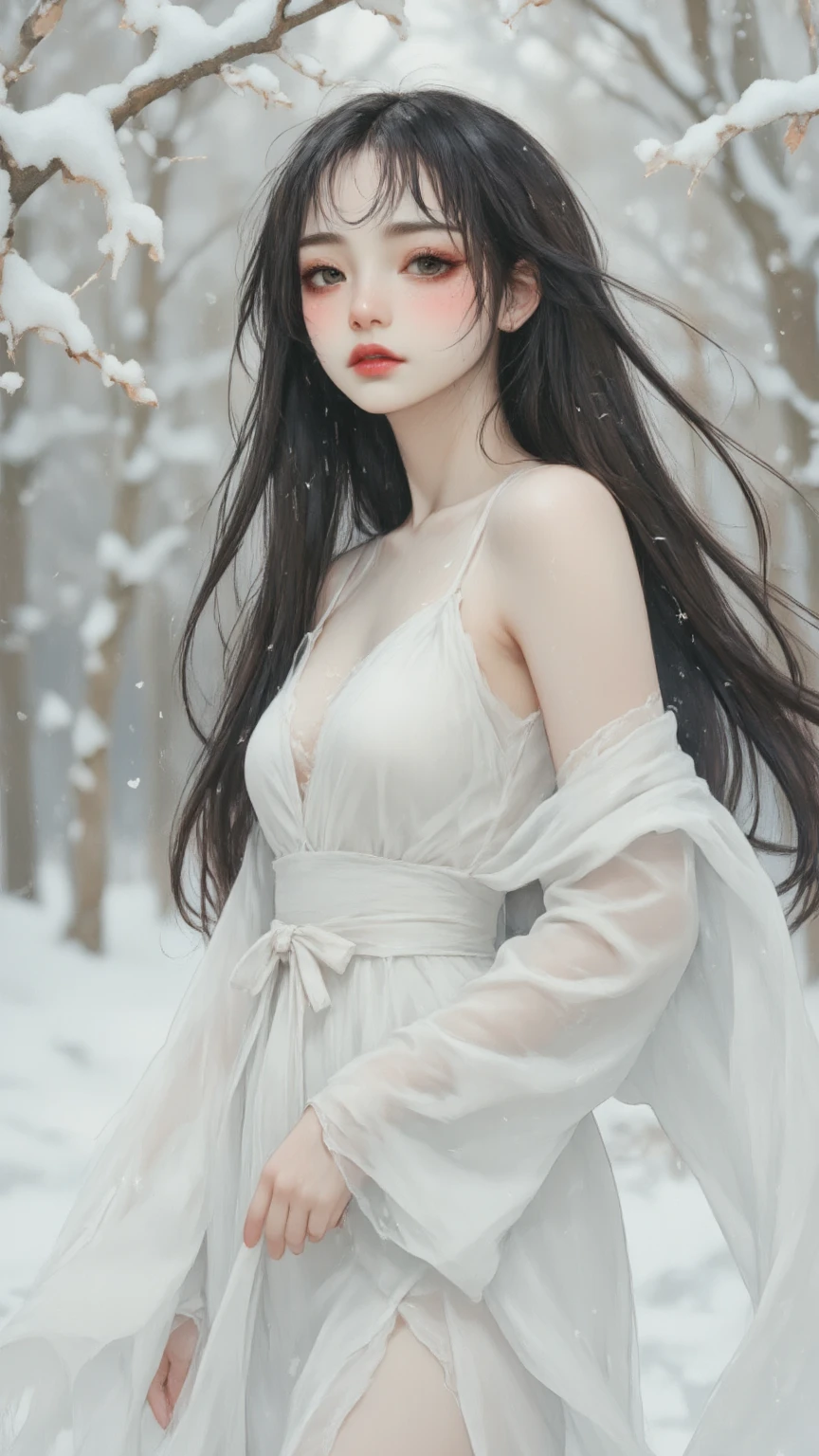 (top-quality,​masterpiece:1.3,超A high resolution,),(ultra-detailliert,Caustics),(Photorealsitic:1.4,RAW shooting,)Ultra-realistic capture,A highly detailed,high-definition16Kfor human skin、(Large breast) ((Jewelry)) ,Hair ornament , Necklace ,Skin texture is natural, The skin looks healthy with an even tone、 Use natural light and color, 1 gosht girl 25 years old , (( very long hair )), white body press t-shirt, tight_shirt, ((Street Cemeteries)), (Spooky atmosphere), smoke arround Scary atmosphere, smoke arround,(photorealistic:1.2), (ultra realistic:1.3), (very detailed:1.1), ((masterpiece)), super big round breast, (wearing white gosht clothes ), large breasts , ((wet thin clothes)) , (( wet body )) ,japanes,,kawaii,A dark-haired,Middle hair,(depth of fields、chromatic abberation, Wide range of lighting、Natural Shading、)、(Exterior light at night:1.4)、(Falling snow:1.3)、(Hair swaying in the wind:1.2)、(Light reflecting snow:1.0)  ,full scary mood expression , Blank stare, sad expression, scary, gosht mood, thick smoke,  camera from front 