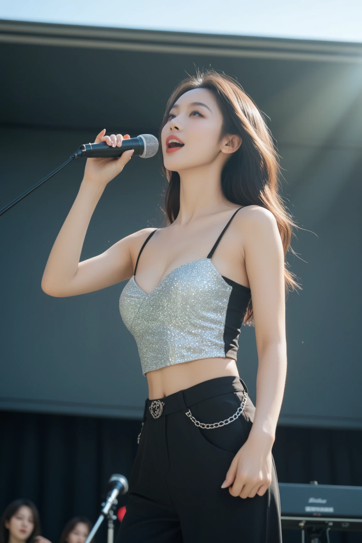 Girl in a dream.I have long colorful hair.Wearing white clothes.It's a rock band.I'm singing a song.Notes flying around.It is an illustration of the highest quality.It is a beautiful illustration.Very colorful.