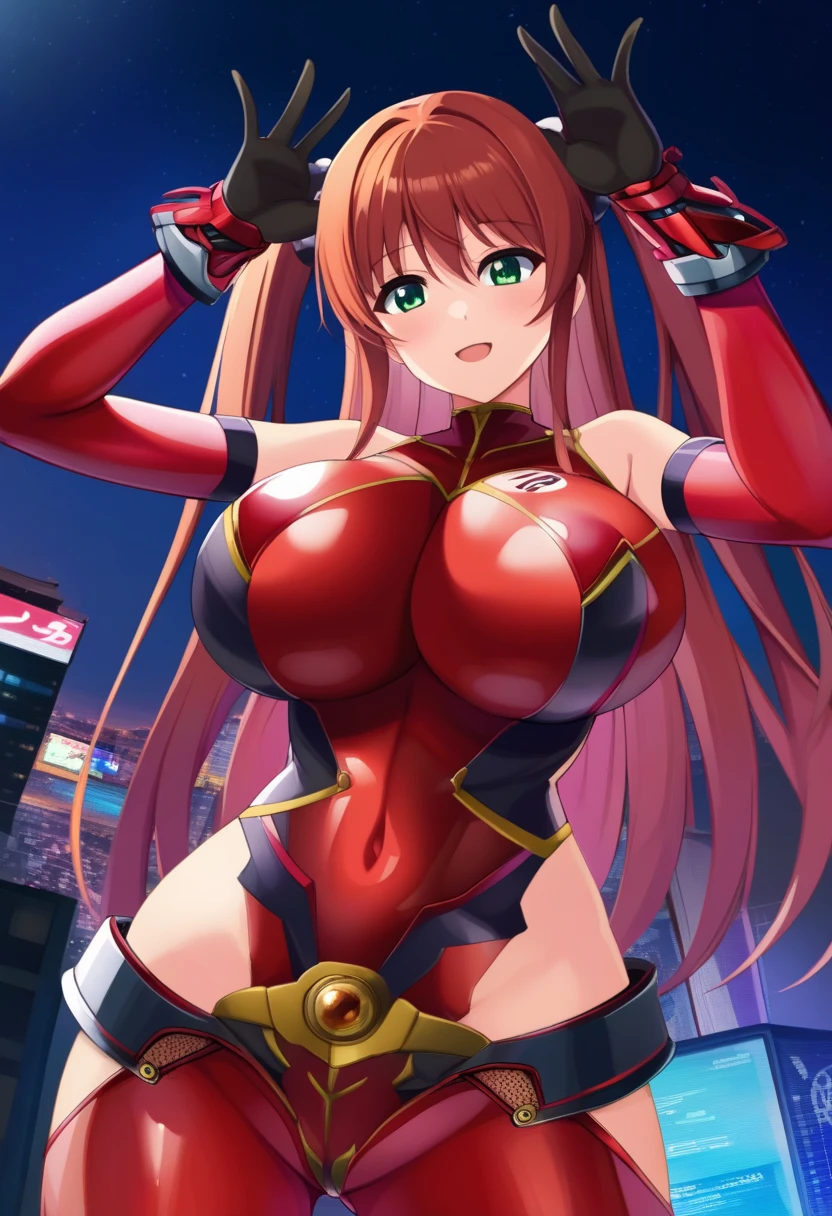 masterpiece, highest quality, very detailed, 1 girl, alone, my_Naruse, (huge breasts:1.5), (((redhead, very long hair, pink eyes, slit pupil))), parted lips, (((strengthened_suit, pink plugsuit)), (evil smile, closed mouth), ((arm behind head, dystopian city, storm clouds))