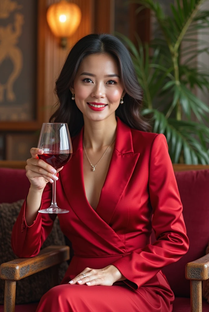 cute korean girl wear hot suit and have wine glass