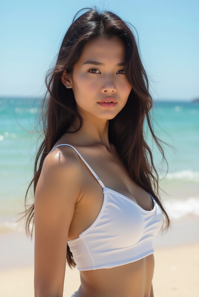 realistic photo of beautiful women with randomly dyed hair, pretty face, perfect skin, no make up, instagram model, realistic skin and highly detailed skin, pale skin, shiny skin, thin, asian, indonesian with cute dress in beach, ((best quality)), ((masterpiece)), (detailed), perfect face