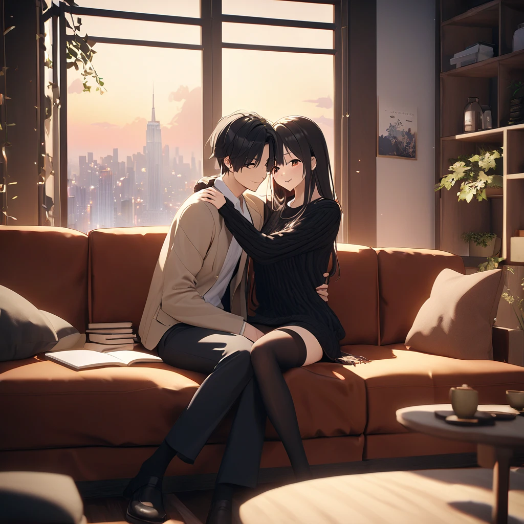 A couple sitting on the sofa. The boy's middle trousers are exposed, the girl's hands are on the man's legs, and the boy's left hand is touching the girl's head.