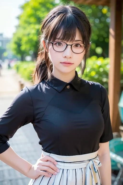 ((best quality, 8K, masterpiece: 1.3)),upper body,Thick black-rimmed glasses,Black Hair, black eye,sharp focus: 1.2, beautiful woman: 1.4, ((ponytail: 1.2)),(darkmagenta skirt、White blouse with lace), (wet from rain: 1.3), (rain, street: 1.2), wet body: 1.2, squatting,Highly detailed face and skin texture, detailed eyes, double eyelids, White skin,E cup,smile,Financial district of the big city,Skyscraper,White skin,Wet Hair、Wet Skin、Wet clothes、smile、 from front