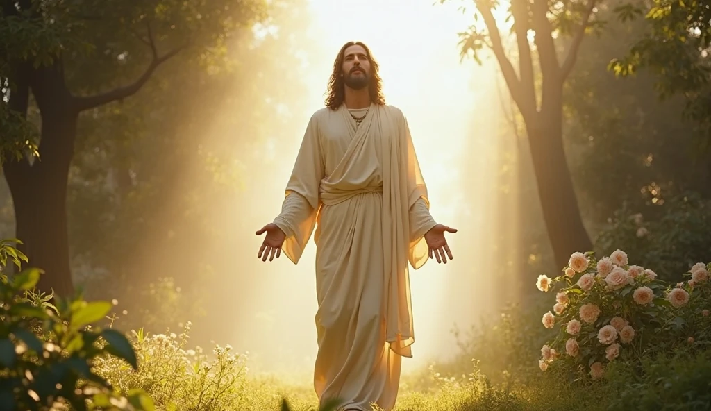 An image of Jesus, in black and white, looking and smiling at me, with open arms, em um jardim
