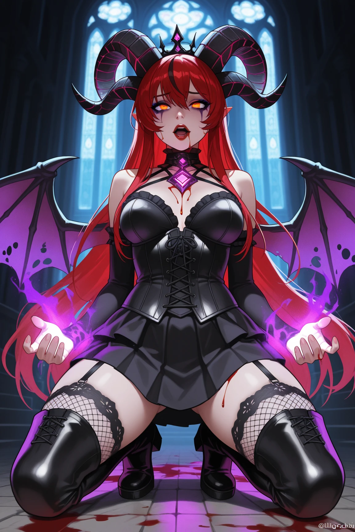 Nishikino maki, Purple eyes, bangs,red bodysuit,demon horns,demon wings, sitting,on knees,cum on body, sexy ,solo, curvy body, defeat expression, tiered, panting, (NSFW:1.5)