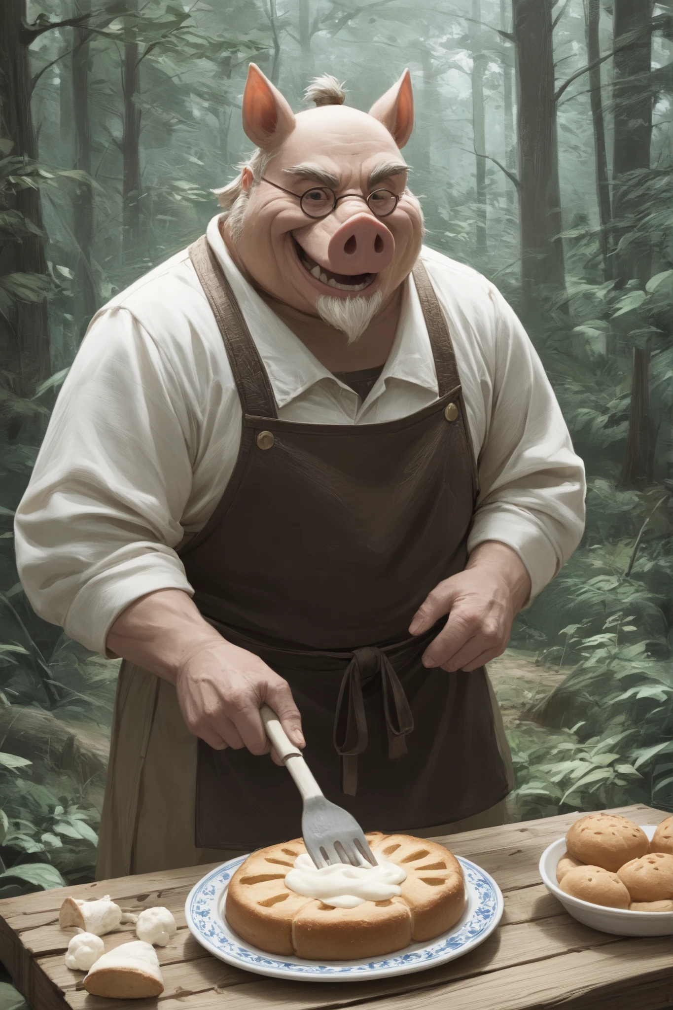 Forest hearth
Bear baking bread
Rabbit kneading flour
Chestnut squirrel boiling jam
Boar chopping wood