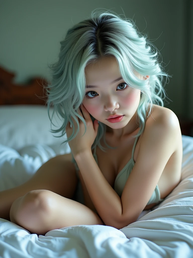 Top quality, RAW Photo, Highest Quality Image, 16K, Full body, Age 18 years old, Realistic, Photorealistic, Beautiful Asian Girls, Sexy, Perfect slender body, White pale skin, Beautiful hair, Wavy hair, Blue Hair,, Short hairstyle, Detailed face, Detailed body, Detailed skin, Double eyelids, Big eyes, long eyelashes, bright eyes, green eyes, wearing eyeglasses, natural lips, detailed lips, slender legs, thin waist , small hip, Round shape breasts, Beautiful breasts, Big Breasts, flat chested, Perfect breasts, small thighs, posing in modern style white room, pink tone light , soft light , light wind, naked, no bra, no panties, no underwear