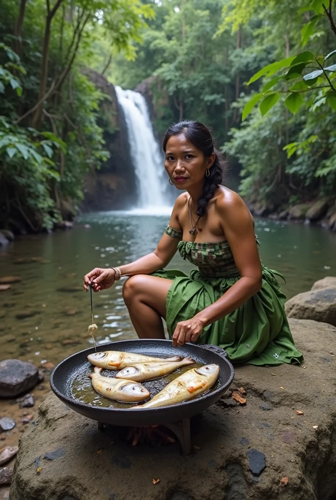 A young Native American woman sits by the edge of the British Columbia seashore, her face glowing with happiness as she tends to the food being prepared. The lush temperate rainforest is far in the background, over hills and mountains, with the snow-capped peaks of the Rocky Mountains visible in the distance.
Around her, several traditional Coast Salish tipis made from wood and covered with animal hides are set up. These conical tents are constructed from bison and deer hides, stretched over wooden frames, and adorned with intricate beadwork and traditional symbols. Short tree stumps and large stones are arranged as seating near the tipis. The camp is bustling with activity as other members of the Coast Salish tribe engage in various tasks.
The woman is dressed in authentic Native American clothing typical of her tribe. She wears a fringed deerskin dress decorated with intricate beadwork and traditional symbols. Her long, black hair is braided and adorned with colorful beads and feathers. Her light blue eyes and full lips stand out against her sun-kissed skin, framed by high cheekbones and expressive eyebrows. She has a traditional tattoo, an intricate design that tells a story of her heritage and achievements.
Nearby, traditional Coast Salish foodstuffs such as venison and salmon are being prepared on wooden skewers. Corn, beans, and squash are also part of the meal, with herbs and seasonings stored in handcrafted clay pots and wooden bowls. Stone knives and grinding stones, known as "muk" and "tsin," are used for food preparation, reflecting the tribe's resourcefulness. Cups and plates made from clay, either dried in the sun or fired in the campfire, are used for serving food. Wooden utensils and animal bone tools are also present, highlighting the use of natural materials.
The beach is a lively scene, with other indians fishing by string or by hand along the shore, pulling fresh fish from the water. Some are working on wood, crafting canoes. Children playing