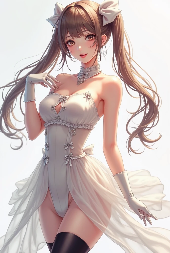(masterpiece), (highest quality), Super detailed, perfect face, perfect body, 1 girl, beautiful girl,smile、clear、 ballerina、leotard、ballet dress、skirt、panniers、stand,sexy, white　pantyhose、Spotlight、stage、dance ballet