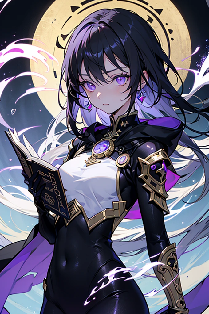 1 girl、Mature、Ample breasts、Long Hair、Purple Hair、Center Part、Black Dress、Long sleeve、Dress with open chest、Fur coat、Long coat、Emerald green earrings、cross tattoo on forehead、Have a thick book、Wine Red Book、Starry Sky、A seductive smile、Night view、Like a jewel、Cinema Lighting、High resolution、Highest quality