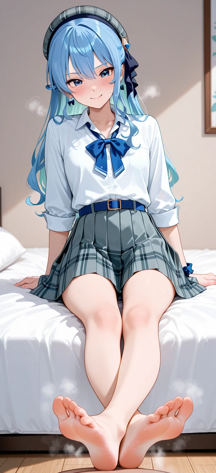 High Quality, Best Quality, (One Person), Full Body Portrait, (Gravure Face), Delicate Face, ((Ram-chan)), (Urusei Yatsura), (((Small Horn)), (Eyes Big and Small Eyes), Delicate Face, White Panties, Slim Figure, Big Bust, Sailor Suit, Dark Blue Skirt, Japan Uniform, (Black Stockings, Japan Girl Uniform), High Resolution, Anatomically Correct, Blurred Background, Rich colors, sit in bed