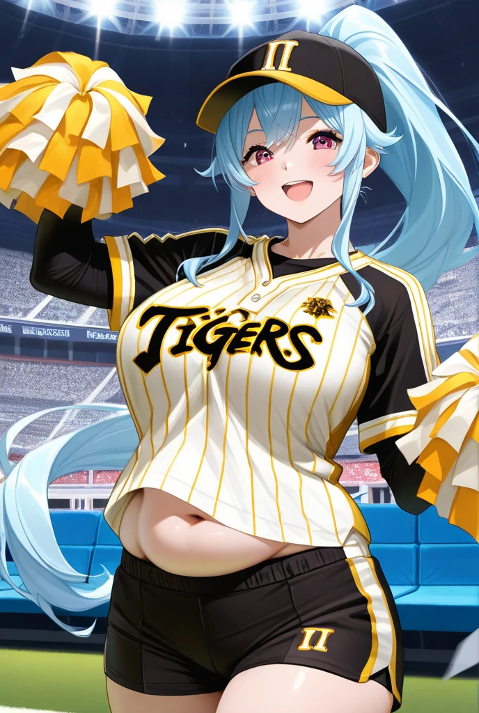 ram invader, detailed breasts,open your mouth wide and stick out your tongue、Drool、 anime dick, (tiger print cheerleader: 1.2), leg high kick、（white panties:1.4）,muste piece, best quality, open mouth, tooth, ultra-detailed breasts, Yellow eyes, cute eyes, detailed face, a cute girl, big chest, red face, (wet with water: 1.2), Generally poor breasts, areola slip, (Position where panties are visible:1.5), (beautiful breasts: 1.2), (with a bright light source: 1.2), (heart shaped pupils opening their clothes: 1.5)