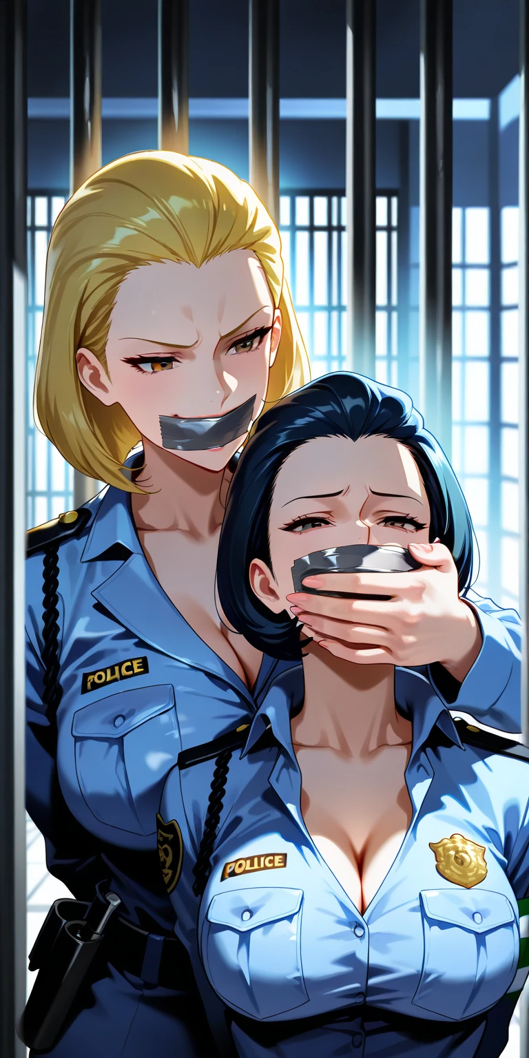 3 policewoman, get kidnapped, tied up, arms behind back, 3 women, in room, tape gag,