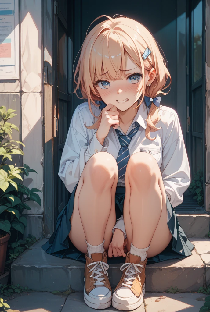 ((masterpiece)), ((best quality)), (ultra-detailed), ((extremely detailed)), 4K, (8K), best quality, (beautiful), anime style, full body, focus on the face, full body focus, from below, Sidewalk, a cute girl, 1girl, solo, school girl uniform, (squatting, white panty shot:1.2), young entertainer, beautiful light brown hair, beautiful brown eyes, ((beautiful eyes)), short hair, light smile, shiny-glistening, gleaming,professional lighting