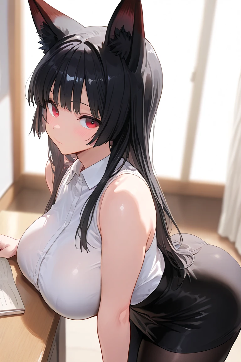 Succubus,Japanese high school girl。,Devil Heart Tail,Black fox ears,campus,big breasts,blush。Sideways to the audience,lean forward