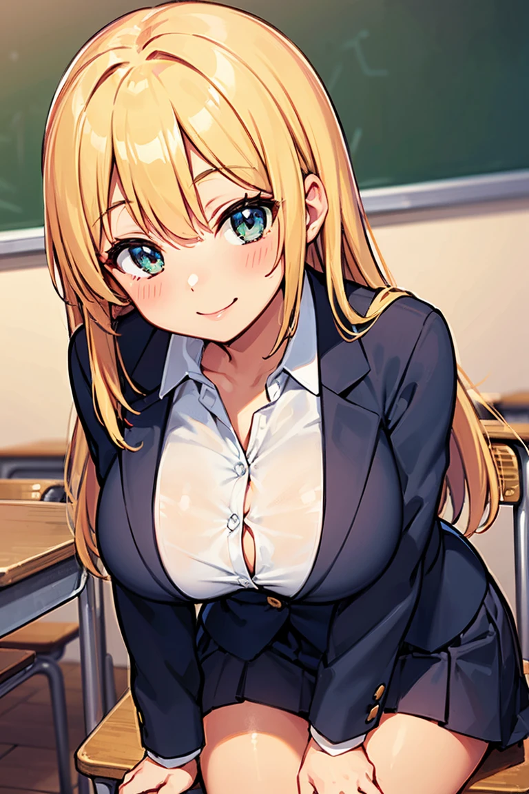 (High quality, High resolution, Fine details), (woman teacher), lustful gaze, confident posture, modern classroom, soft sunlight, romantic atmosphere, blackboard, blond hair, casual attire, professional, subtle makeup, sophistication, kind smile, engaging personality, vivid colors, subtle flirtation, playful interaction, exquisite details, vibrant energy, stylish glasses, expressive eyebrows, attractive figure, alluring charm, with confidence, enticing manner, flawless skin, sharp focus, solo, Curvy women, sparkling eyes, (Detailed eyes), blush, Large breasts, Sweat, Oily skin, Shallow depth of field