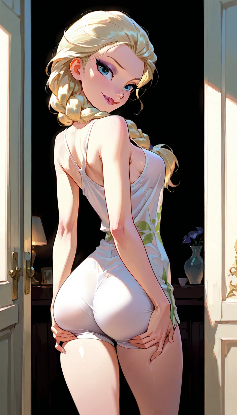 nat, 1girl, (flat chest), (((very small breasts))), ass:1.3, green eyes, blonde hair, long hair, lips, bang, blush, naked, she is showing her vagina, depth of field, bokeh, (special attention to skin detail: 1.2), masterpiece, best quality, ultra-detailed, ultra-HD, photorealistic, cinematic, ((close-up camera shot)), sensual pose, alluring, ass:1.4