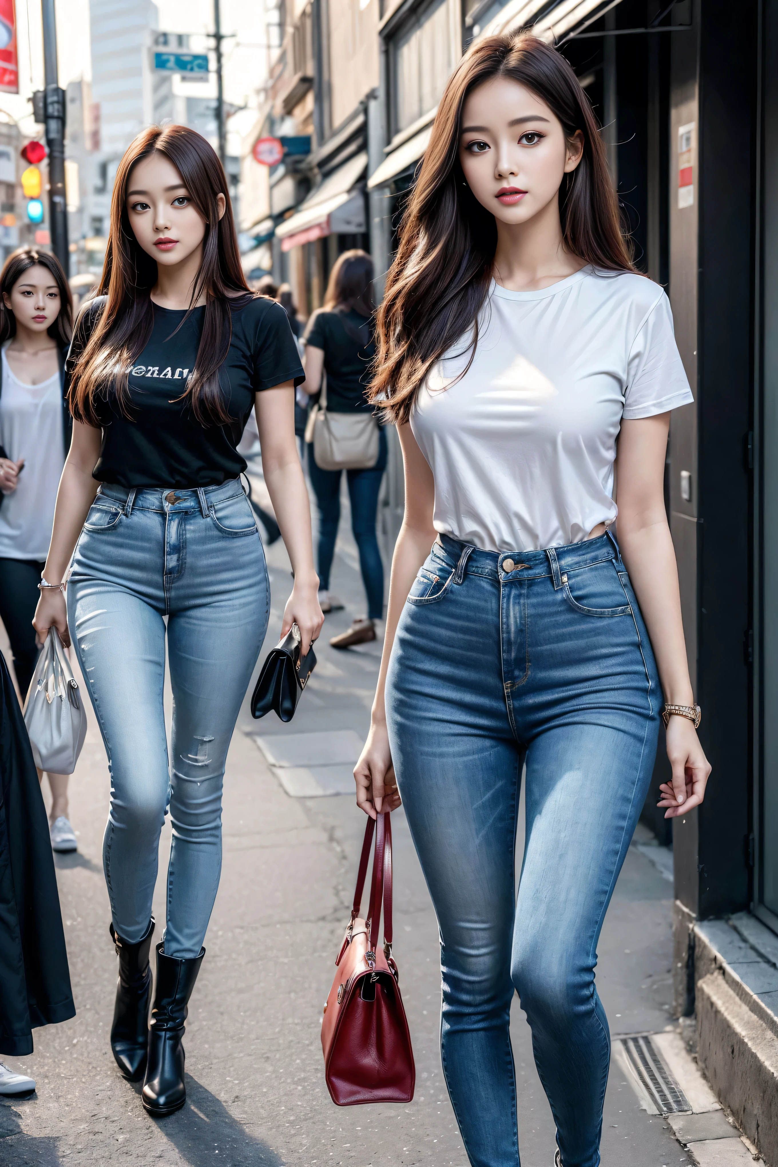 ((Realistic lighting, best quality, 8K, masterpiece:1.3)), Lock focus:1.2, 2 girls, Beautiful Women in Perfect Shape:1.4, : Beautiful Korean girl, Korean Idol,Leg length,(Pale skin), (big eyes),(Smile:0.8),(Plump and sexy lips), Complex and detailed face, ((Super delicate skin)),Delicate face,Super thin face,Squinting,Double eyelids,((Long curly crimson hair)), (Open collar shirt),Background Shibuya street,Large depth of field,Super thin face,Squinting,Double eyelids,(Start from below:1.attitude,(Medium chest:1.2),Sexy long legs, (Thigh gap:1.5),Wide hips,S-Shaped Body, Hip lift,Leg length,Light blue skinny jeans,Full body proportions from the front,Long over-the-knee leather boots,