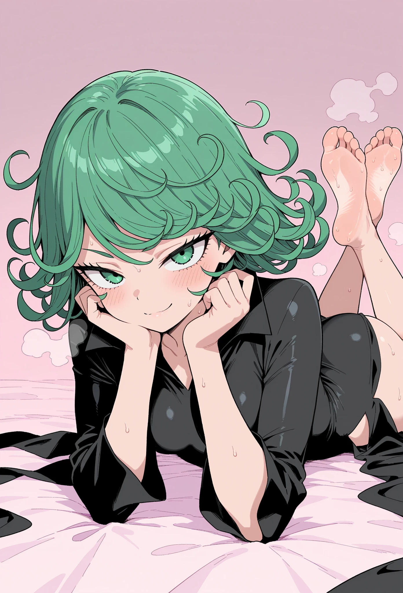 high resolution picture, masterpiece, best quality, amazing quality, official art, solo, 1girl, green hair, tatsumaki, short hair,green eyes,green hair,black dress, small , flat colors, pastel colors,                                                  BREAK (curvy), , the pose, feet up, soles, sweaty, blush, steamy,  smile,  eyes ,((perfect feet))