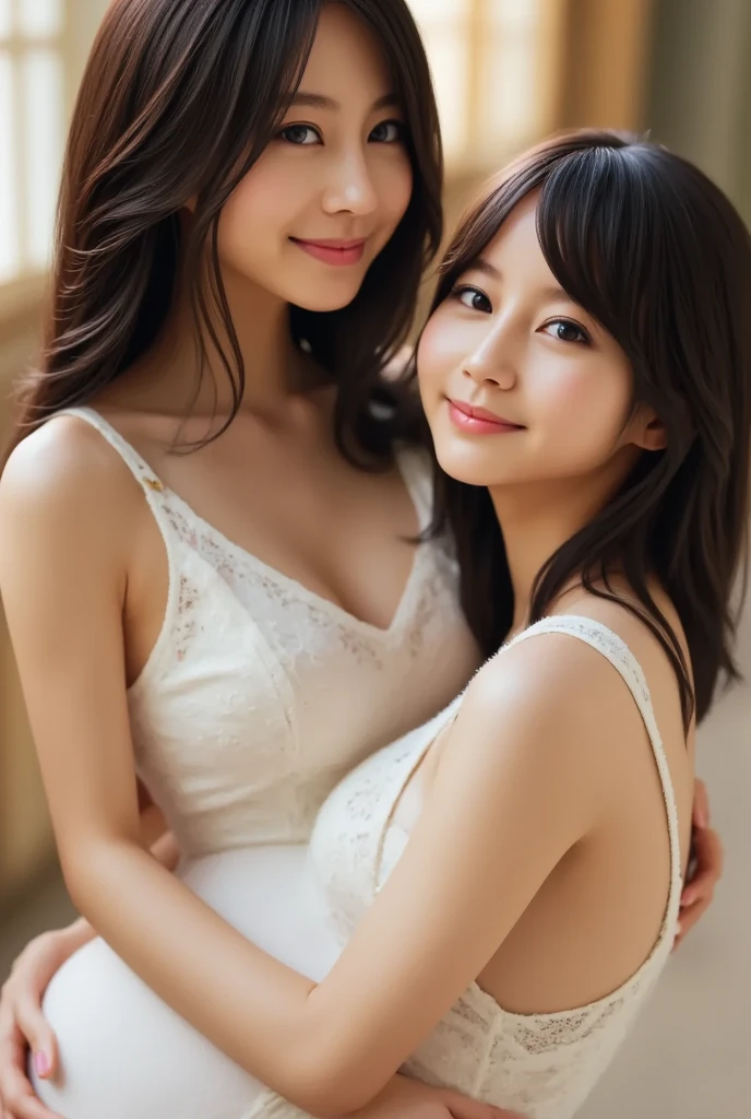 two women are in the picture、Nipples are visible、(RAW Photos), (Realistic), (masterpiece), (highest quality), High resolution, 8K resolution, (Intricate details), (Volumetric Light), Portraiture, woman,, short hair, Straight hair, Layered Hair, Brown haired, Highly detailed eyes, Source order, Very thin eyebrows, Highly detailed skin, Highly detailed mouth, Highly detailed nose, Cute like an idol, smile, ((Thick lips)), ((Look at the viewers)), (Elegant blouse)、Cleavage、Cleavage、The color of the clothes is up to you、The color of her underwear is see-through colorful、