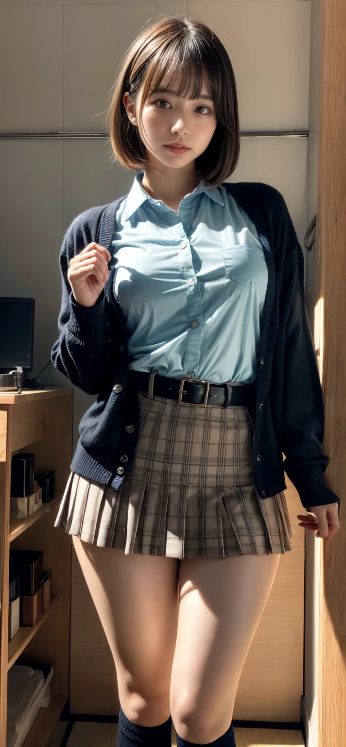(masterpiece), best quality, 1girl, dark skin,black asian, Nigerian-Korean, shortstack girl, oppai loli, petite girl, thick thighs, slim and thin, big breasts, cute, sexy body, 11 years old, kid, children, pleated skirt, schoolgirl uniform, smug smile, adorable, (anime style)