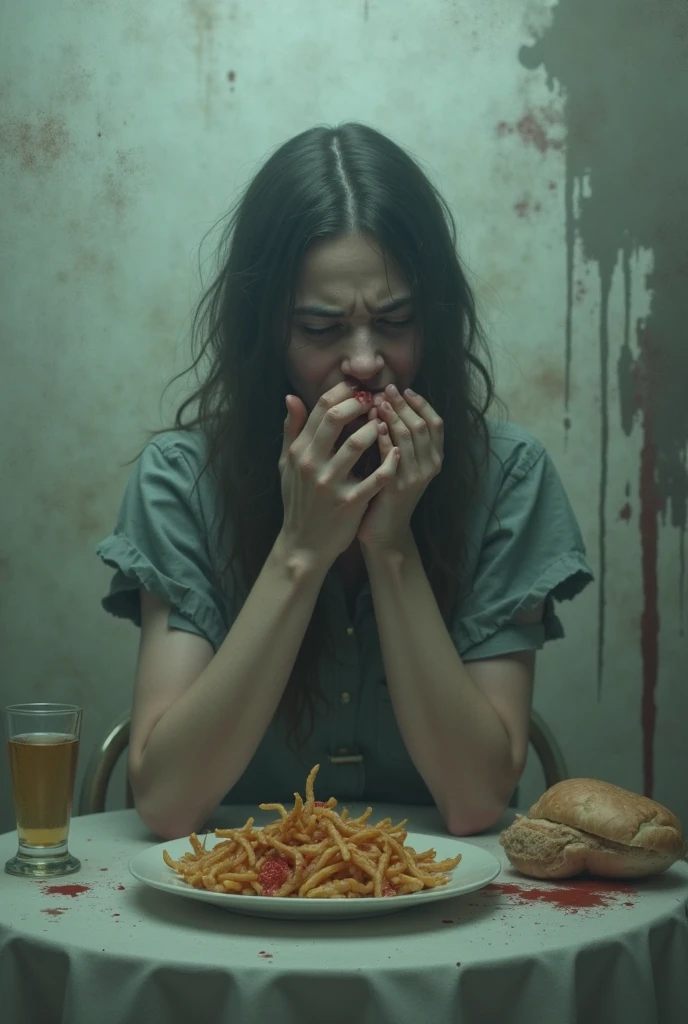 terrified people inside a supermarket, with chips implanted in their foreheads, fighting and screaming, showing the terror of the scene, as the food is running out, and people are hungry, looking crying and screaming, realistic photo image, showing all the details, terrified looks