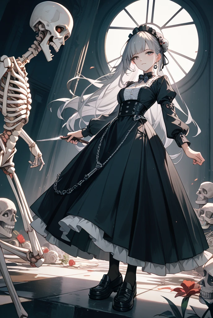 Anime girl, white hair, There are red flowers growing on the skeleton, ((SKELETON)), red flower, illustration, 25 year old, bone, skull, bust up, red eyes,