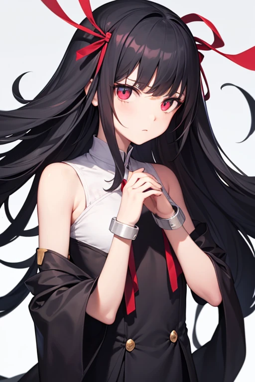 japanese ,(18 years old) , big eyes, slant eyes:1.1, crimson eyes, pale skin, absurdly long hair, hime cut, jet black hair, baby face:0.9, small breasts, slender body, standard height, black choker, black thigh-high socks, small red roas flower hair ornament:1.3, face close up
