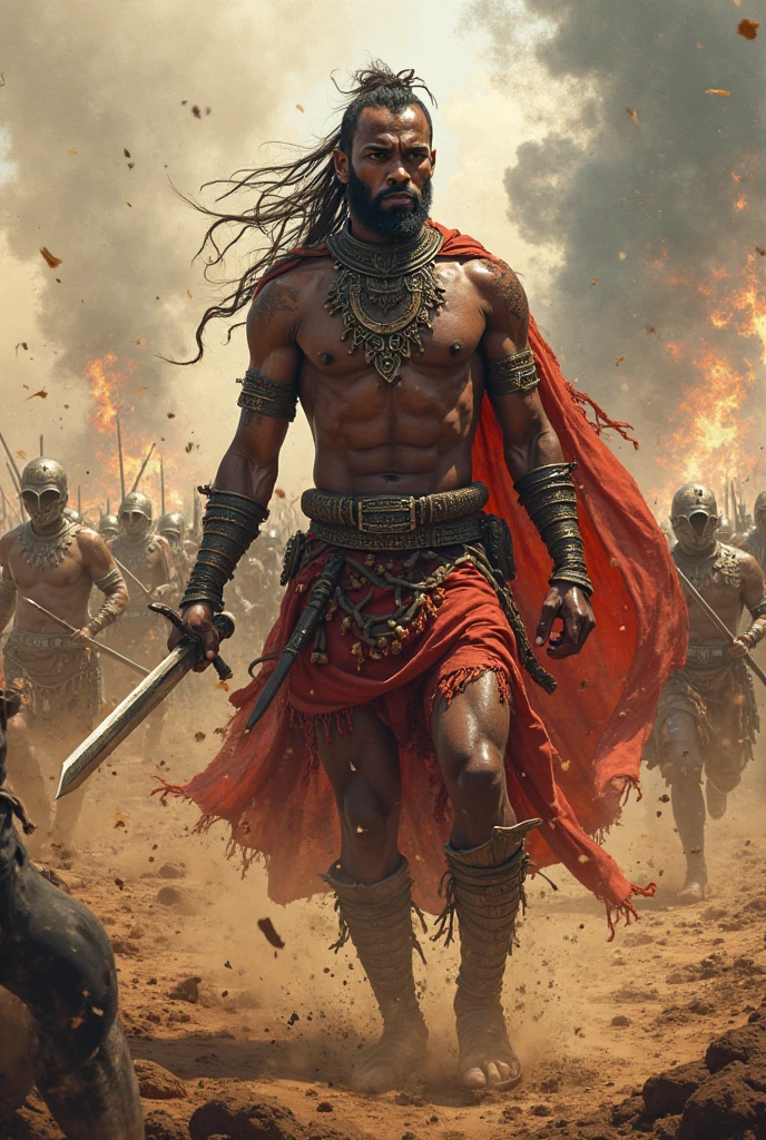 Scene 5: The Enemy Retreats
The final scene depicts the aftermath of Mahasona’s rampage. The enemy forces, now broken and demoralized, begin to retreat in panic. Some are shown dropping their weapons as they run, while others are trampled in the chaos. Mahasona stands amidst the chaos, his mace resting on the ground, bloodied but victorious. His expression is one of fierce determination, with no trace of mercy for his enemies. Behind him, King Dutugemunu’s soldiers cheer, realizing that the tide of battle has turned in their favor, thanks to Mahasona’s ferocity and strength