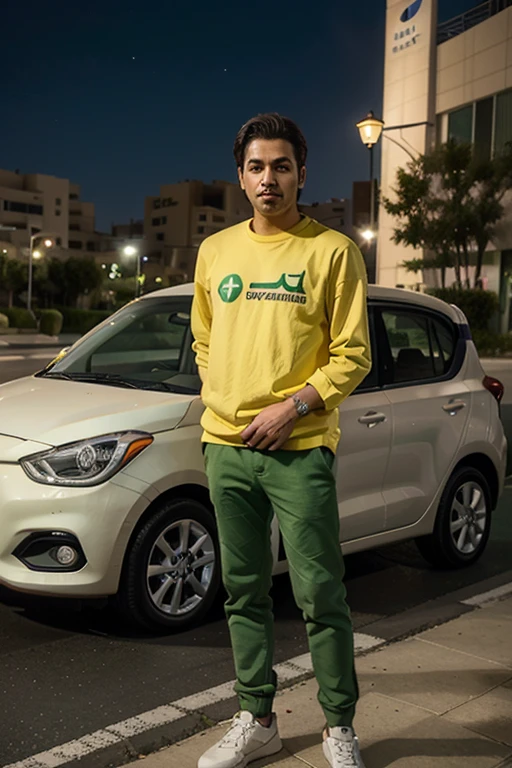 One boy 18 years old wear shalwar qameez stand front on corolla grande car bonnet.
Car's color green and white as like pakistan flag.
There are many building in
Background
