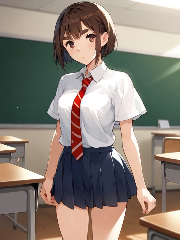 (((medium breasts))), ((best quality)), ((masterpiece)), ((detailed)), (((perfect face))), ((((slender teengirl)))), (((((topless))))), (((dark blue pleated skirt from waist to thighs))), (((short ponytail))), (((blue eyes))), (((brown hair))), ((shy:1.3)), ((blushing:1.5)), ((skinny thighs)), ((skinny hips)), (((bare arms))), (((bare shoulders))), (((bare stomach))), (((walking through crowded classroom)))
