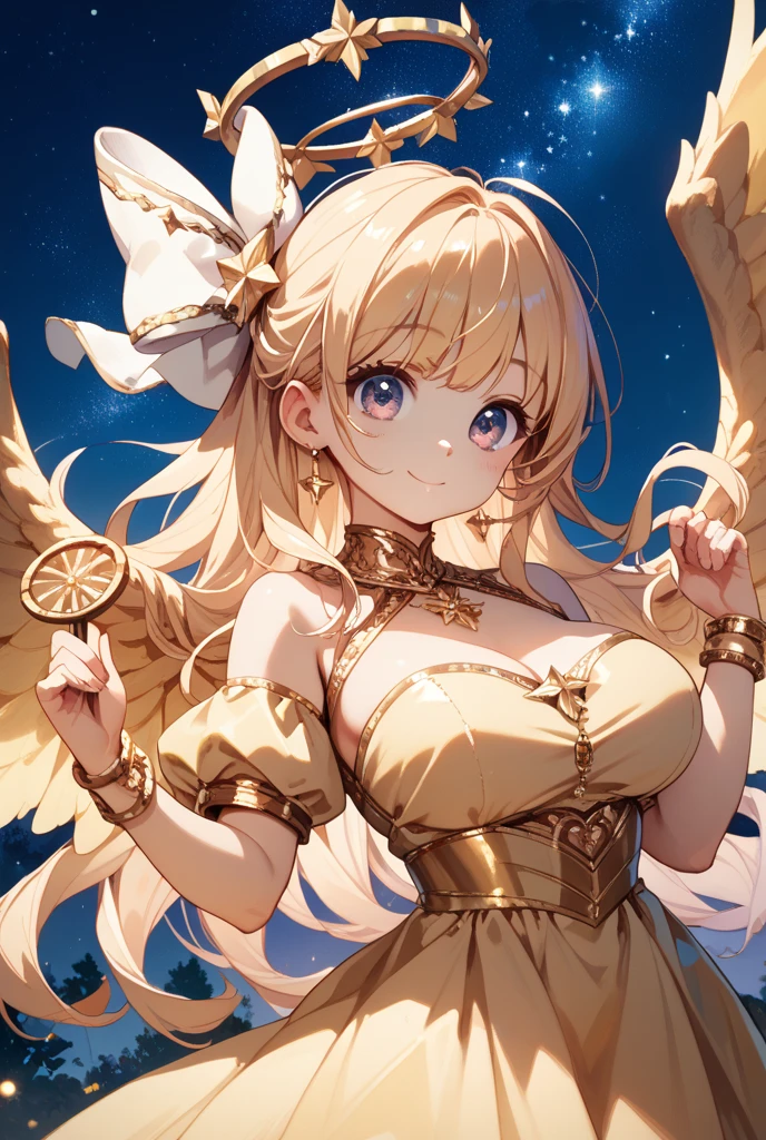 ((worst quality, low-quality)), ((a closeup)), (girl with:1.2), (big breasts), (A dark-haired, short-cut:1.3), (Dynamic Pose:1.2),plump shiny lips, Beautiful clear eyes, (The best smile), Spoken Heart, (perfect hand:1.2), absurdres, highres, 1girl, solo, cowboy shot, (long wavy hair), (blonde hair:1.3), (golden eyes:1.2), smile, closed mouth, open wings, (princes dress:1.3), (golden wings:1.3), (golden angel), (golden effect:1.5), (golden background:1.5), low angle shot, masutepiece,Best Quality,ultra-detailliert, masterpiece,