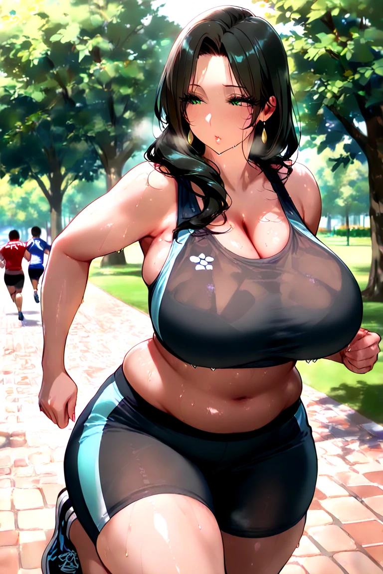 gym, workout, hot, sweating, sweaty, tan, big ?????, tan skin, flustered, blush, purple clothes, see thru, yoga pants, black hair, walking on street, city, walk thru the city, ponytail, walking towards camera, front view, girl walking towards us