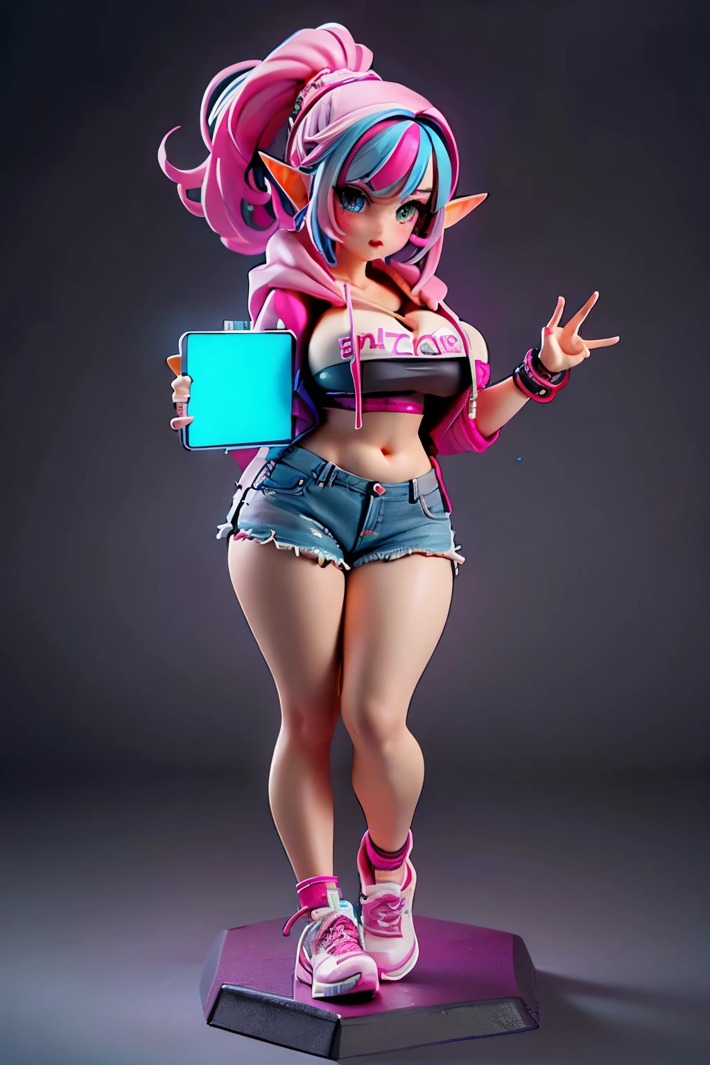 1 girl,elf,slender,tall,(((full body:1.3))),colorful hair、high ponytail hair, detailed face,Beautiful Faces,cute and big eyes,detailed eyes,Beautiful Eyes,blush,plump thick lips,Rouge , dynamic pose, ((gigantic breast,cleavage)),Cyberpunk Clothes,(denim shorts, Pink short hoodie with white base), solo, cityscape, , unity 8k 壁紙, Super Detail, beautiful and aesthetic, masterpiece,best quality, high resolution, high color saturation,
neon,Cyberpunk AI,pedestal,