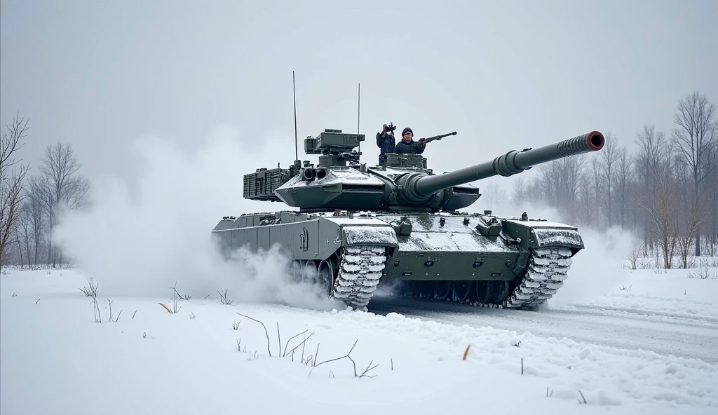 Armored Tank, Snow camouflage color, Siberia, Russia, T-14 Armata Main Battle Tank, Wide angle, panoramic view, dynamic movement, vivid, (masterpiece, best quality, absurdres, ultra-detailed, intricate details:1.3)