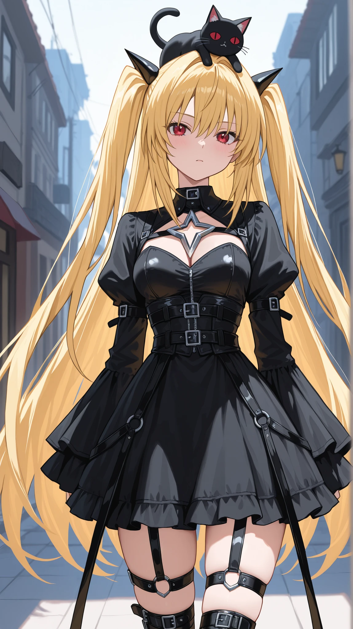 beautiful, masterpiece, best quality, highly detailed, highres, hdr, extremely detailed illustration, detailed face, detailed body, cute, blonde long hair, 1girl, dark red eyes, black leather gothic style outfit, star shaped gap on the outfit, two waist belts, five leg belts, two sleeves attached to her upper arm via belt, a figure, silver and black clips each side of her head giving cat-like appearance, golden darkness, yami, toloveru, anime, waifu, animewaifu,