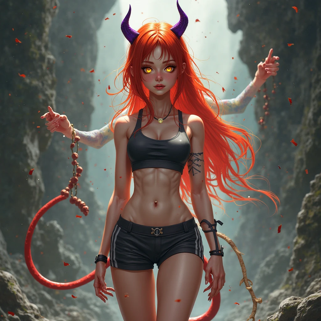 The image is anime style with shadows and dim lights, anime style although somewhat adult and dark, It shows a girl with a single horn and many tattoos.. Unicorn only one horn