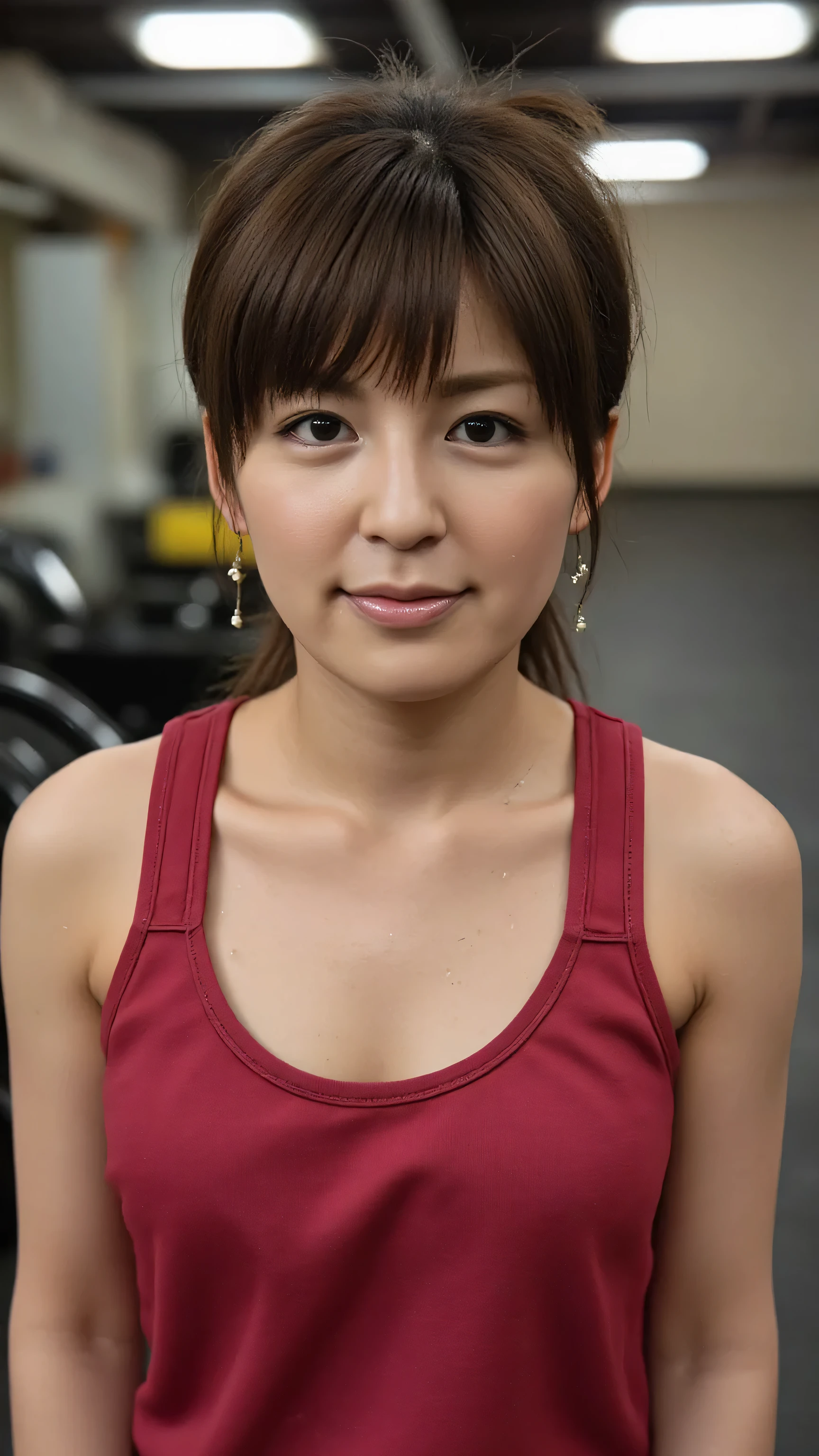 4K, masterpiece, best quality, Ultra Details, (super realistic:1.3), (Beautiful photos:1.2), (ultra high resolution:1.3), ( Soft Lighting :1.2), ( perfect image color ), (bright lighting:1.2), Indonesian, Beautiful Faces, Perfect Indonesian Old Woman , 44 years old, ( plump body), Chest forward, smooth skin, A faint smile, Gym background , a lot of people々, (girl wearing a simple sports tank top, long sports leggings ), view full body photo , high nose, thick lips with Nozomi, ( F Cup Big Breasts), Random Pause, (( hair ponytail and bang , ash brown hair color)), The centerpiece wearing contact lenses, Eyes pop out, ((sweaty body,)), (( detailed sweat realistic :1.3)), ((wet body:1.5)), Naughty Poses