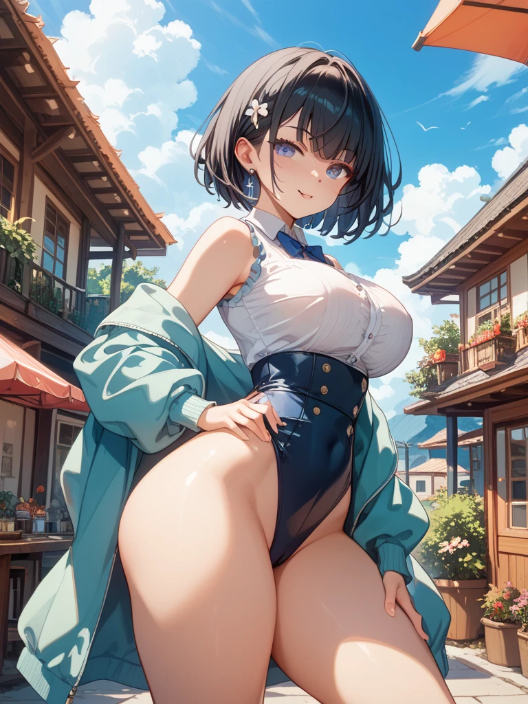 (drooping eyes, sleepy, realistic skin, angle from below), (((showing off her pubic))), open mouth, pubic hair, hoodie, (looking away), thick horizontal striped panties, downtown, alley, bollard, (dark hour of dawn)