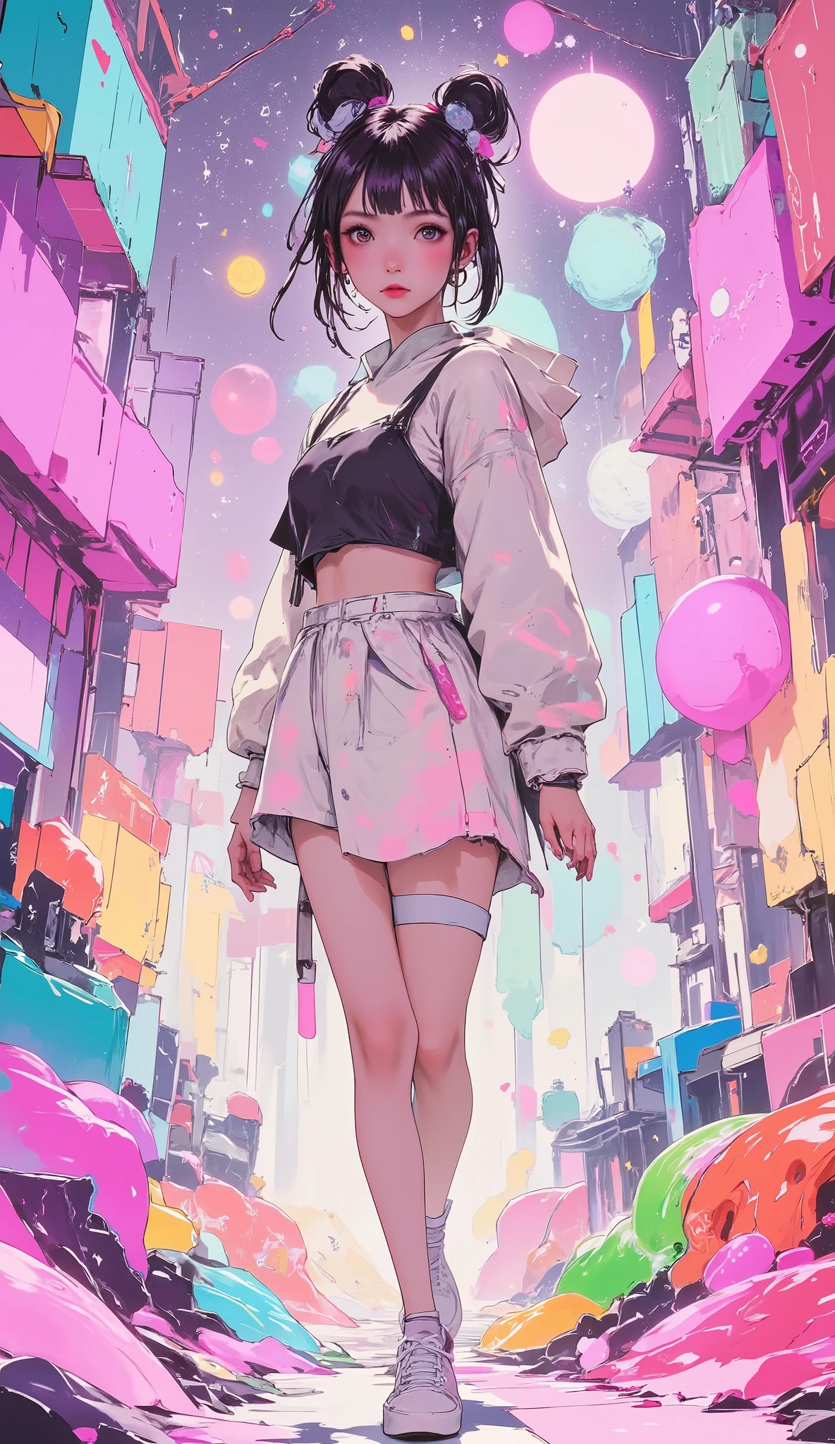 High quality CG、depicts a cute Japanese girl in a jelly-like environment,exudes charm and creativity through sparkling crystal elements 。