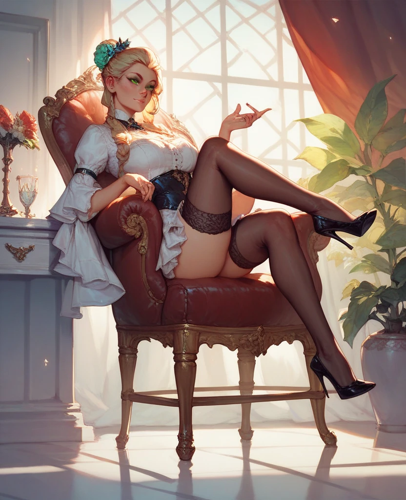 a woman, drooping eyes, ((styled old oil painting)), eyes realistic sizing, (round face), (transparent pantyhose and pubic hair), straddling bollard that is standing on the floor to hit her crotch, open legs, pubic hair, angle from below, braid, masturbation, orgasm, (dropping pee from her crotch),