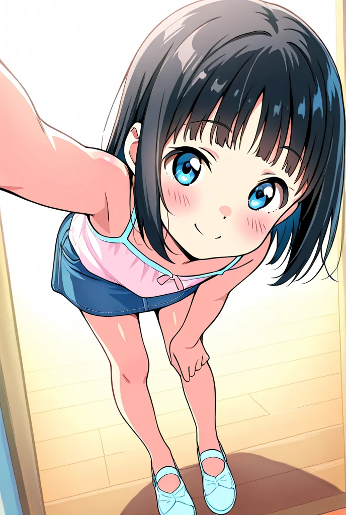 One girl, short hair,Black Hair,smile, summer, room,Sitting on a chair,After bath,Dry your hair with a towel,Hold your head high,5th grade elementary school, Look here,Pink Tank Top,front,transparent, (masterpiece, Highest quality), Soft Light, Structure of the film, Like a movie