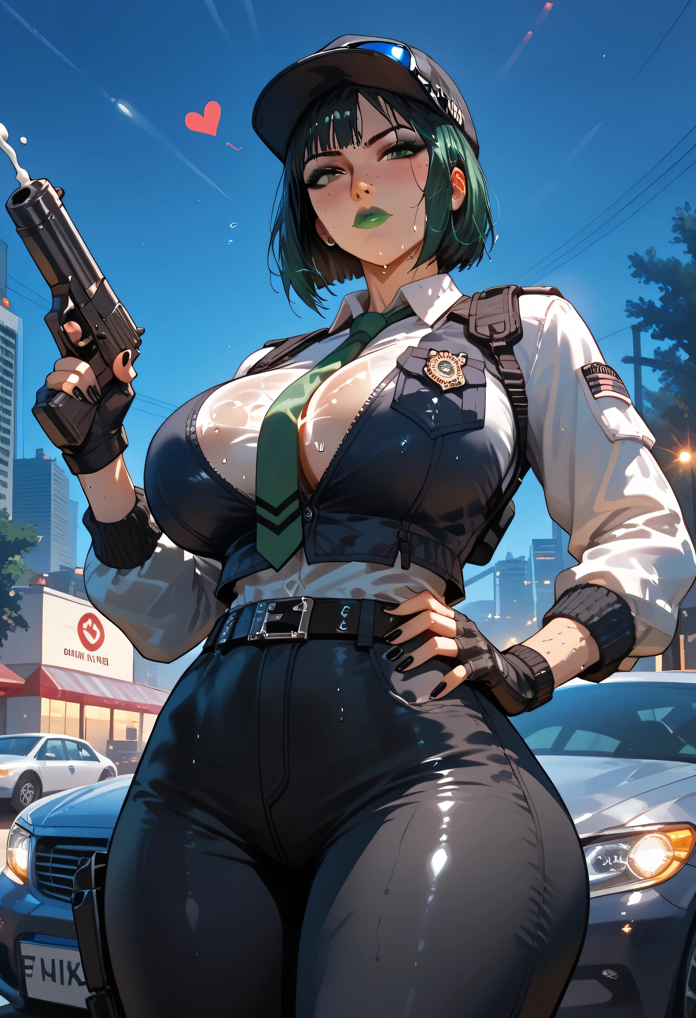 anime, score_9, score_8_up, score_7_up, score_6_up, low angle, score_9. score_8_up, score_7_up, score_6_up, score_5_up, score_4_up, Ela, ela elite \(Rainbow Six Siege\),ela, ela \(Rainbow Six Siege\ HD, perfect masterpiece,score_9, score_8_up, score_7_up, score_6_up, score_5_up, score_4_up, score_8_up, score_7_up, Freckles, fFaceDetail, beautiful face, high detailed face, curvy body, jewelry, necklace, make up, bimbo lips, perfect eyeliner, black nails, green lips, fingernails, fingerless gloves, eyeshadow, lipstick, green lipstick, feathers, uneven sleeves, sweaty, wet hair, gigantic butt, fat big ass ,high quality, Expressiveh, cute face, shiny skin, sweat body, huge breasts, wide hips, thick thighs, (cinematic light), shadows, perfect hands, gigantic oiled breast, close-up, sexy pose, eye shadow, makeup, milf, mature female, cleavage, loose clothing, leaning car, hand touch breast , pureerosface_v1, Expressiveh, intricate_details_xl,
, cropped jacket, gloves, white jacket, green necktie, green collared shirt, yellow pants, pink bodysuit, white uniform, police, police uniform, long sleeves, black vest, red shirt, collared shirt, green necktie, black gloves, black pants, belt,
embarrassed, light blush, focused, cars, city background, plain, night, moonlight, night sky, sunset,
standing, hand on own hip, aiming, holding weapon, holding gun, handgun, solo, BREAK 1boy, 1girl,interracial sex, perfect eyes, BREAK 1girl, cheating, exclamation marks, BREAK (1man, bigger male, interracial, , huge white penis, huge testicles , huge load of cum semen flying over her ass and her body , hearts), amusement park, garden, gazebo, lens flare, BREAK zPDXL zPDXLrl