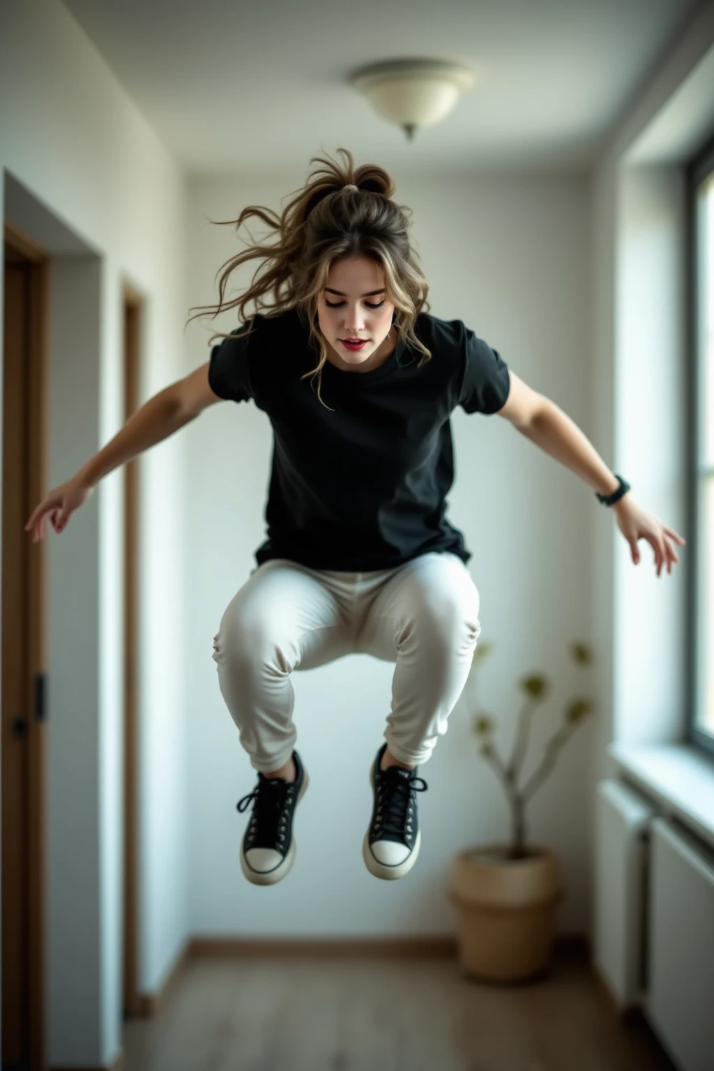 full body,from below,photo of a 18 year old girl,kneeling,happy,laughing,looking at viewer,blue eyes,(shirt:1.2),(pants:1.2),ray tracing,detail shadow,shot on Fujifilm X-T4,85mm f1.2,sharp focus,depth of field,blurry background,bokeh,motion blur,<lora:add_detail:1>,<lora:LCM_LoRA_Weights_SD15:1>,