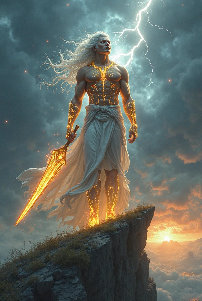 a legendary warrior with divine power, in white robes, with muscles, wielding a sword of light.