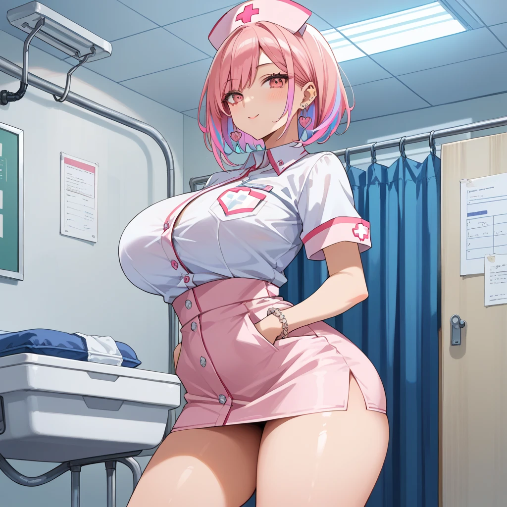 1girl, solo, nurse, nurse cap, white gloves, very short hair, pink hair, ((white surgical mask, covered nose)), standing up straight, ((hospital room)), sharp outline, short sleeves, tomboy, boyish, flat chest, very thick thighs, very large thighs, wide hips, thick legs,thick thighs pressed together, small white slip on flats shoes on her feet, full body shown, best quality, masterpiece, 1boy, man standing right behind the nurse, penis between her thighs, thigh job, thigh sex, he is holding her waist from behind*