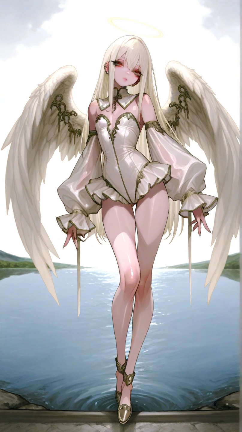Egg-colored demon girl + Wear a white swimsuit with sleeves + white boots + It has white wings over black on its hips. + long yellow hair + yellow eyes + There is a small yellow star on the left cheek. + has a white tail + white ribbon + He has gray-white horns. + Has a black collar + There is a white shawl that leaves the middle